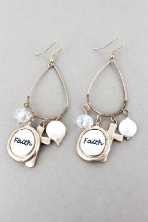 C'Faith' Disk and Cross Charm Teardrop Earrings - Click To Enlarge
